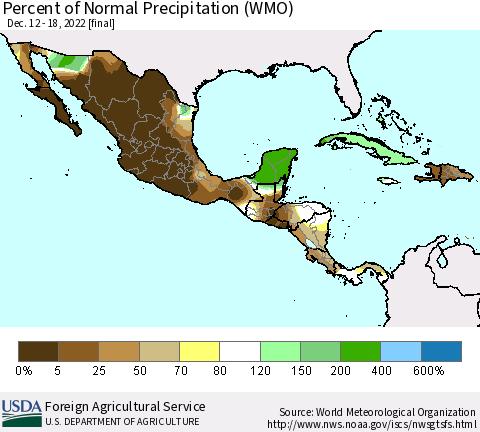 Mexico Central America and the Caribbean Percent of Normal Precipitation (WMO) Thematic Map For 12/12/2022 - 12/18/2022