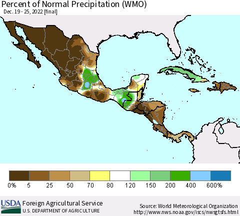 Mexico Central America and the Caribbean Percent of Normal Precipitation (WMO) Thematic Map For 12/19/2022 - 12/25/2022