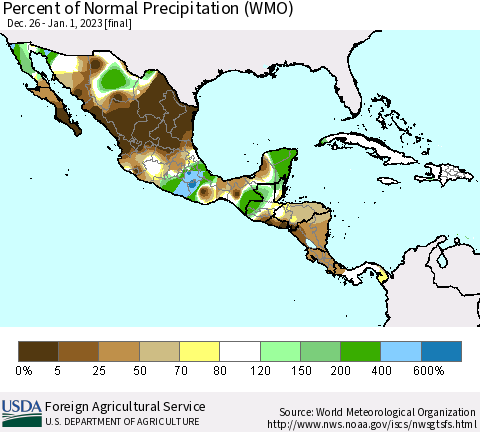 Mexico Central America and the Caribbean Percent of Normal Precipitation (WMO) Thematic Map For 12/26/2022 - 1/1/2023