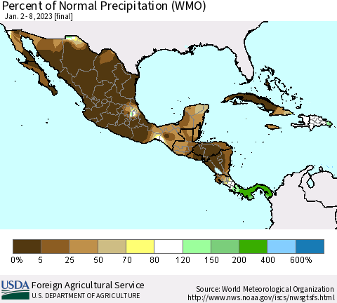 Mexico Central America and the Caribbean Percent of Normal Precipitation (WMO) Thematic Map For 1/2/2023 - 1/8/2023