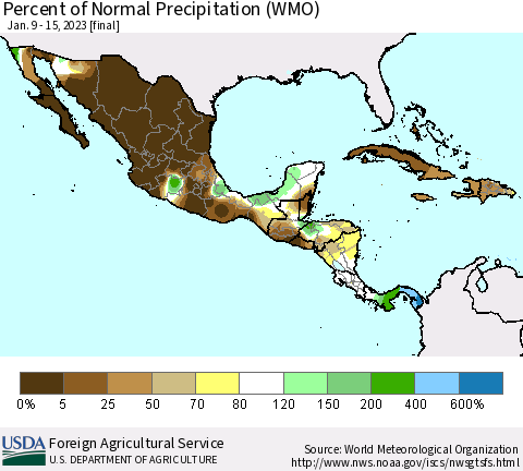 Mexico Central America and the Caribbean Percent of Normal Precipitation (WMO) Thematic Map For 1/9/2023 - 1/15/2023