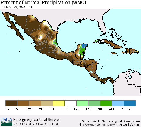 Mexico Central America and the Caribbean Percent of Normal Precipitation (WMO) Thematic Map For 1/23/2023 - 1/29/2023