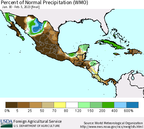 Mexico Central America and the Caribbean Percent of Normal Precipitation (WMO) Thematic Map For 1/30/2023 - 2/5/2023