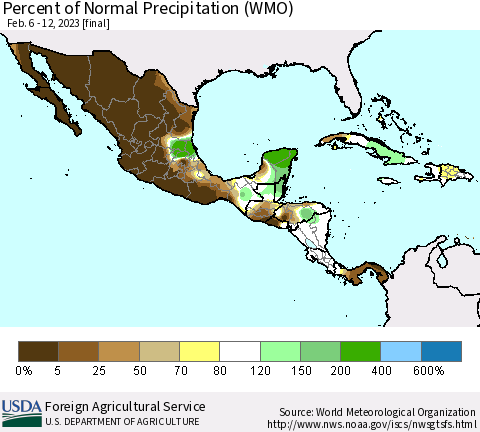 Mexico Central America and the Caribbean Percent of Normal Precipitation (WMO) Thematic Map For 2/6/2023 - 2/12/2023