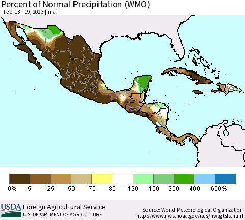 Mexico Central America and the Caribbean Percent of Normal Precipitation (WMO) Thematic Map For 2/13/2023 - 2/19/2023