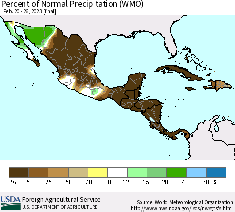 Mexico Central America and the Caribbean Percent of Normal Precipitation (WMO) Thematic Map For 2/20/2023 - 2/26/2023