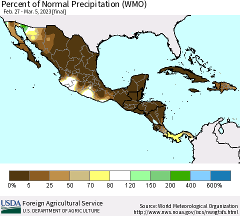 Mexico Central America and the Caribbean Percent of Normal Precipitation (WMO) Thematic Map For 2/27/2023 - 3/5/2023