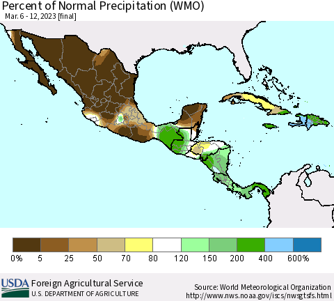 Mexico Central America and the Caribbean Percent of Normal Precipitation (WMO) Thematic Map For 3/6/2023 - 3/12/2023