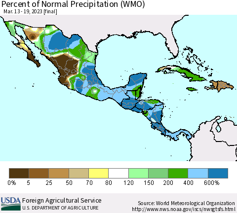Mexico Central America and the Caribbean Percent of Normal Precipitation (WMO) Thematic Map For 3/13/2023 - 3/19/2023