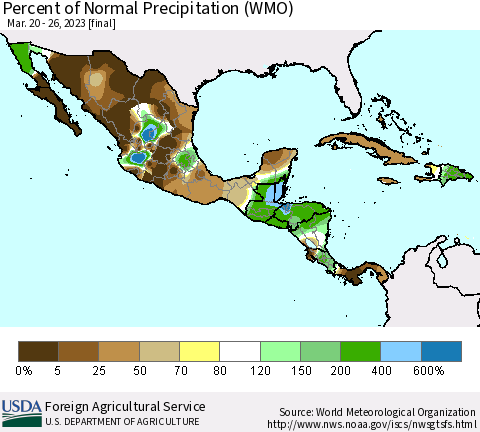 Mexico Central America and the Caribbean Percent of Normal Precipitation (WMO) Thematic Map For 3/20/2023 - 3/26/2023