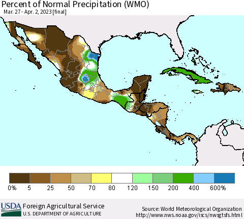 Mexico Central America and the Caribbean Percent of Normal Precipitation (WMO) Thematic Map For 3/27/2023 - 4/2/2023