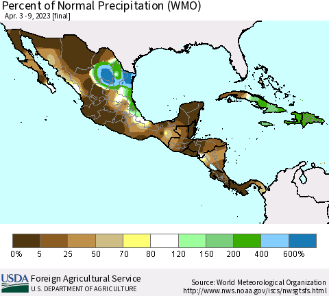 Mexico Central America and the Caribbean Percent of Normal Precipitation (WMO) Thematic Map For 4/3/2023 - 4/9/2023