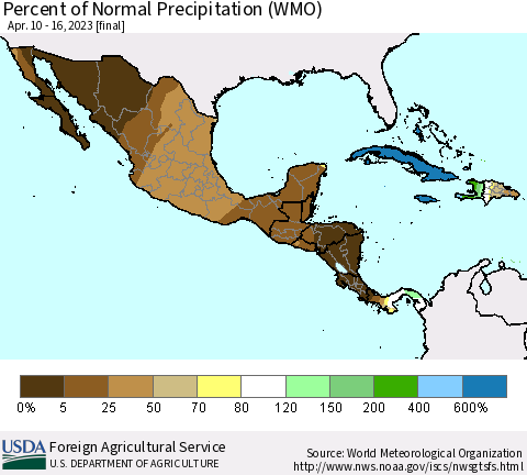 Mexico Central America and the Caribbean Percent of Normal Precipitation (WMO) Thematic Map For 4/10/2023 - 4/16/2023