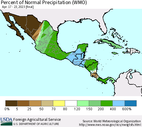 Mexico Central America and the Caribbean Percent of Normal Precipitation (WMO) Thematic Map For 4/17/2023 - 4/23/2023