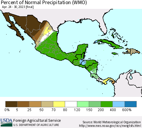 Mexico Central America and the Caribbean Percent of Normal Precipitation (WMO) Thematic Map For 4/24/2023 - 4/30/2023