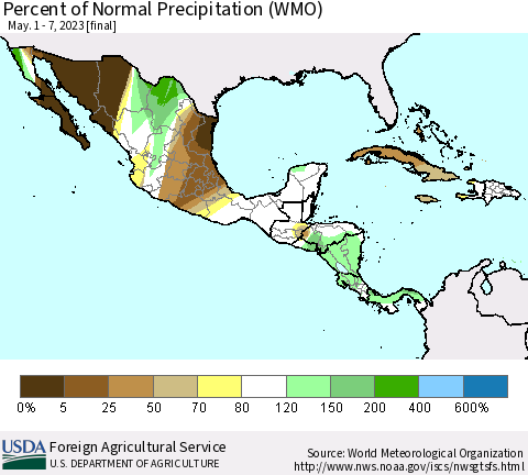 Mexico Central America and the Caribbean Percent of Normal Precipitation (WMO) Thematic Map For 5/1/2023 - 5/7/2023