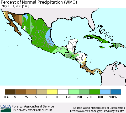 Mexico Central America and the Caribbean Percent of Normal Precipitation (WMO) Thematic Map For 5/8/2023 - 5/14/2023