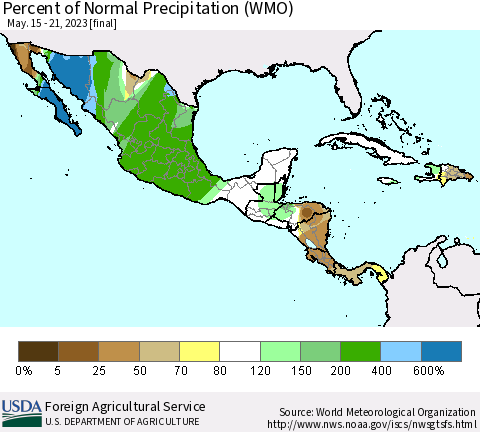 Mexico Central America and the Caribbean Percent of Normal Precipitation (WMO) Thematic Map For 5/15/2023 - 5/21/2023