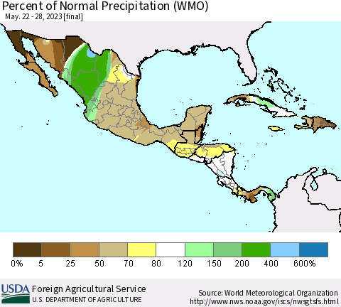 Mexico Central America and the Caribbean Percent of Normal Precipitation (WMO) Thematic Map For 5/22/2023 - 5/28/2023