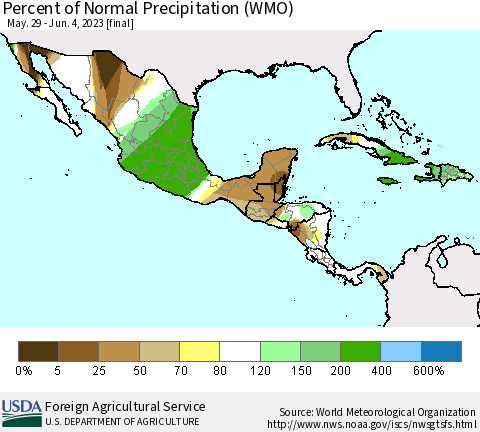 Mexico Central America and the Caribbean Percent of Normal Precipitation (WMO) Thematic Map For 5/29/2023 - 6/4/2023