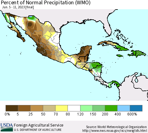 Mexico Central America and the Caribbean Percent of Normal Precipitation (WMO) Thematic Map For 6/5/2023 - 6/11/2023