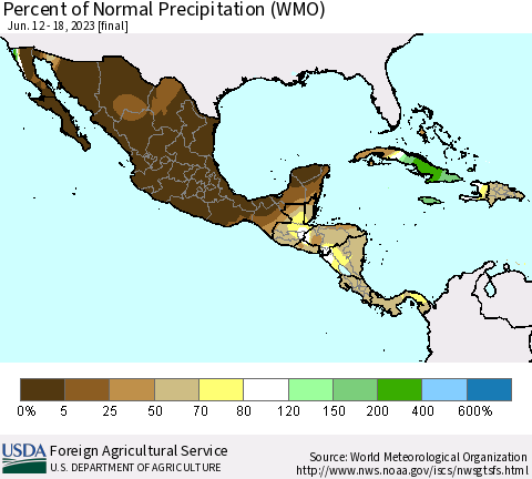 Mexico Central America and the Caribbean Percent of Normal Precipitation (WMO) Thematic Map For 6/12/2023 - 6/18/2023