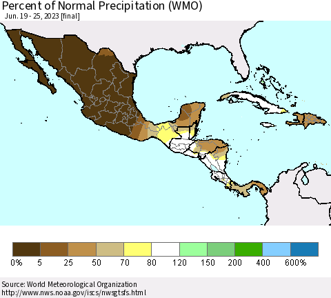 Mexico Central America and the Caribbean Percent of Normal Precipitation (WMO) Thematic Map For 6/19/2023 - 6/25/2023