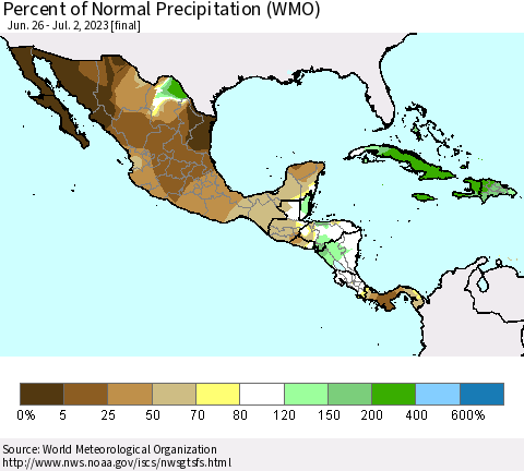 Mexico Central America and the Caribbean Percent of Normal Precipitation (WMO) Thematic Map For 6/26/2023 - 7/2/2023