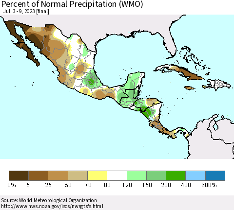 Mexico Central America and the Caribbean Percent of Normal Precipitation (WMO) Thematic Map For 7/3/2023 - 7/9/2023