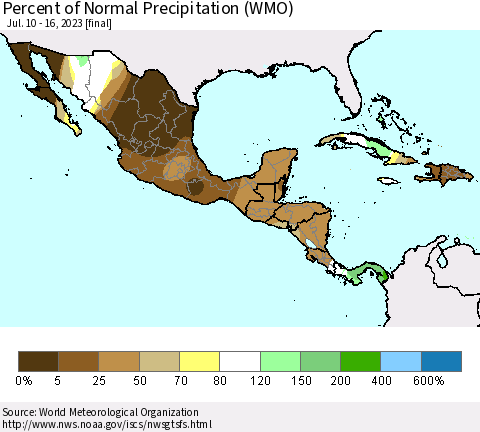 Mexico Central America and the Caribbean Percent of Normal Precipitation (WMO) Thematic Map For 7/10/2023 - 7/16/2023
