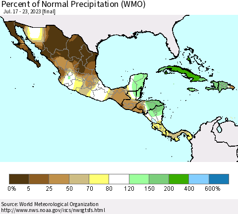 Mexico Central America and the Caribbean Percent of Normal Precipitation (WMO) Thematic Map For 7/17/2023 - 7/23/2023