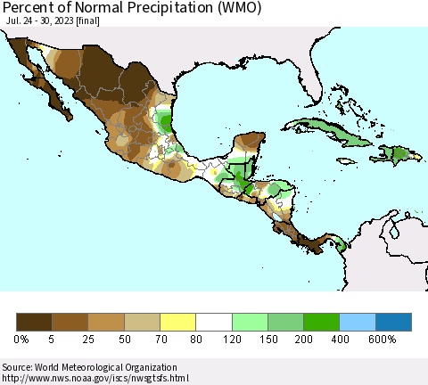 Mexico Central America and the Caribbean Percent of Normal Precipitation (WMO) Thematic Map For 7/24/2023 - 7/30/2023