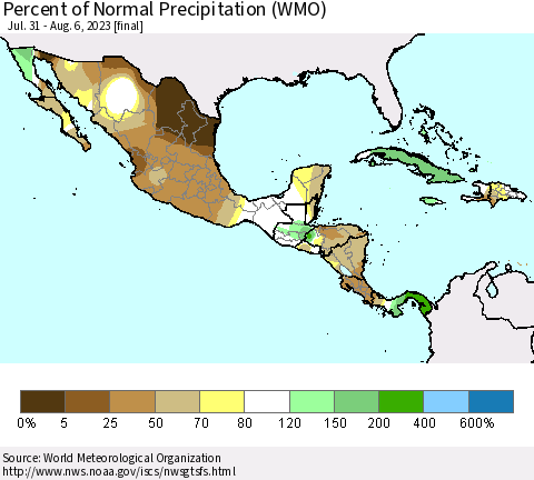 Mexico Central America and the Caribbean Percent of Normal Precipitation (WMO) Thematic Map For 7/31/2023 - 8/6/2023