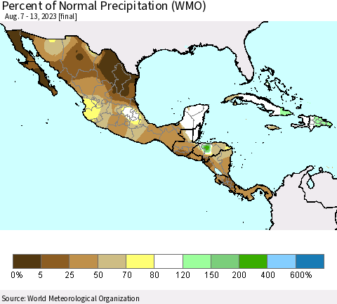 Mexico Central America and the Caribbean Percent of Normal Precipitation (WMO) Thematic Map For 8/7/2023 - 8/13/2023