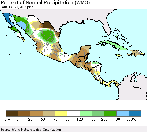 Mexico Central America and the Caribbean Percent of Normal Precipitation (WMO) Thematic Map For 8/14/2023 - 8/20/2023