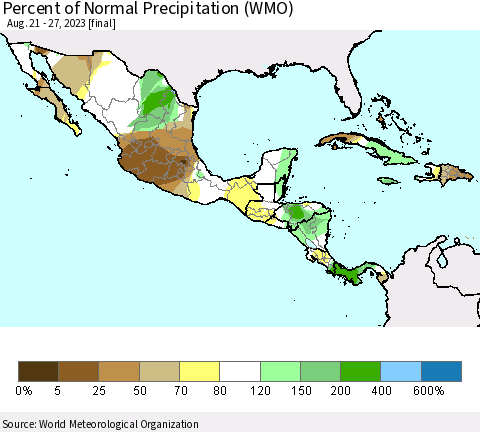 Mexico Central America and the Caribbean Percent of Normal Precipitation (WMO) Thematic Map For 8/21/2023 - 8/27/2023