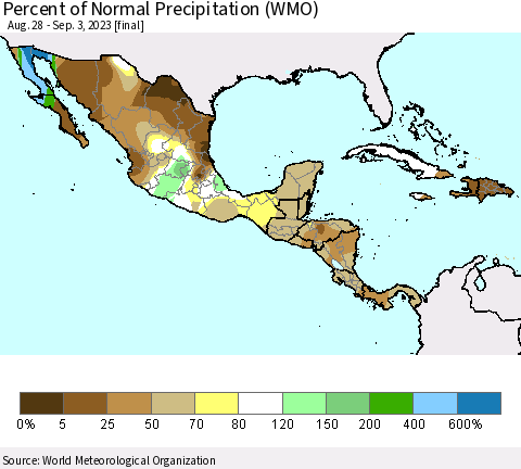 Mexico Central America and the Caribbean Percent of Normal Precipitation (WMO) Thematic Map For 8/28/2023 - 9/3/2023