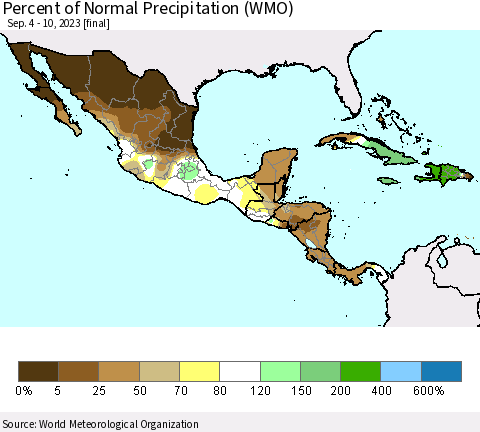 Mexico Central America and the Caribbean Percent of Normal Precipitation (WMO) Thematic Map For 9/4/2023 - 9/10/2023