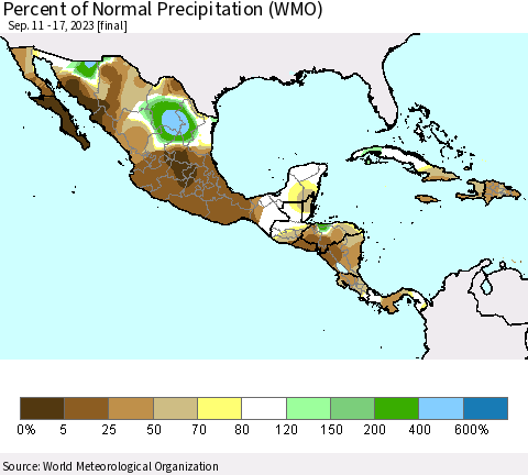 Mexico Central America and the Caribbean Percent of Normal Precipitation (WMO) Thematic Map For 9/11/2023 - 9/17/2023