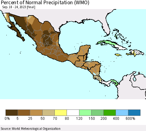 Mexico Central America and the Caribbean Percent of Normal Precipitation (WMO) Thematic Map For 9/18/2023 - 9/24/2023