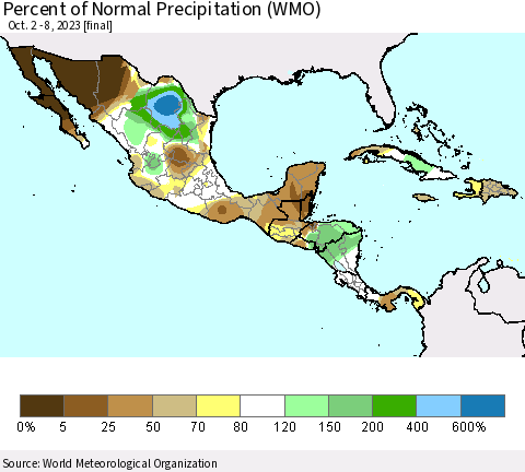 Mexico Central America and the Caribbean Percent of Normal Precipitation (WMO) Thematic Map For 10/2/2023 - 10/8/2023