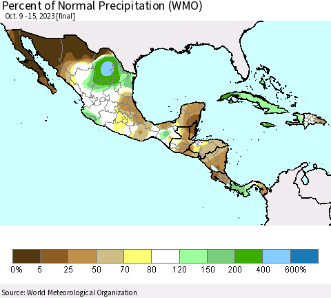 Mexico Central America and the Caribbean Percent of Normal Precipitation (WMO) Thematic Map For 10/9/2023 - 10/15/2023