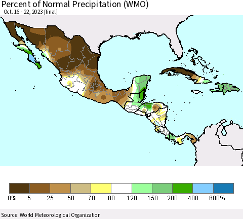Mexico Central America and the Caribbean Percent of Normal Precipitation (WMO) Thematic Map For 10/16/2023 - 10/22/2023