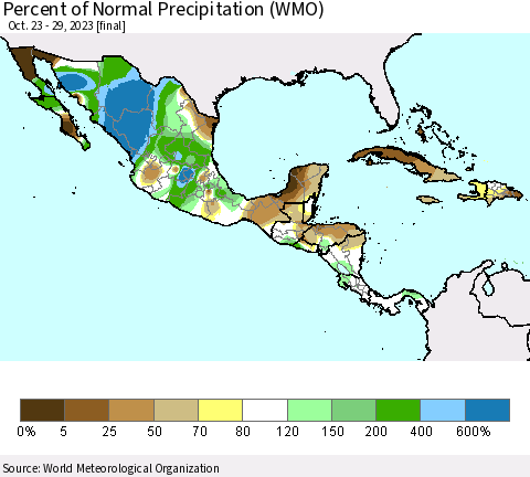 Mexico Central America and the Caribbean Percent of Normal Precipitation (WMO) Thematic Map For 10/23/2023 - 10/29/2023