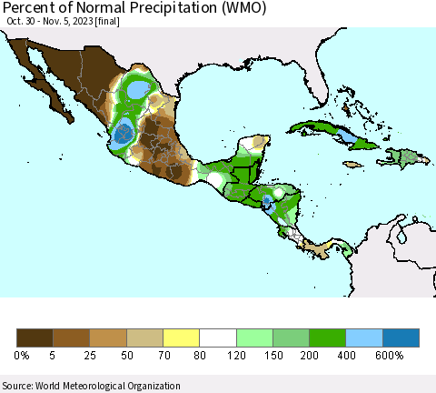 Mexico Central America and the Caribbean Percent of Normal Precipitation (WMO) Thematic Map For 10/30/2023 - 11/5/2023