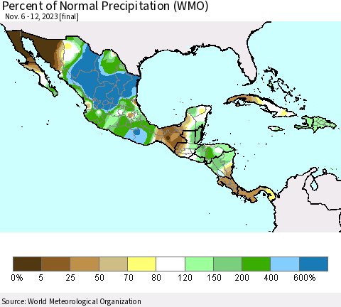 Mexico Central America and the Caribbean Percent of Normal Precipitation (WMO) Thematic Map For 11/6/2023 - 11/12/2023