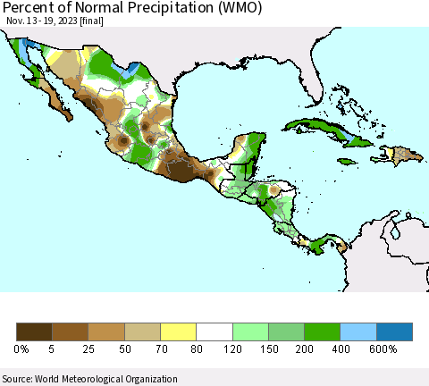 Mexico Central America and the Caribbean Percent of Normal Precipitation (WMO) Thematic Map For 11/13/2023 - 11/19/2023