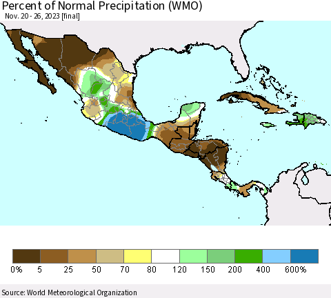 Mexico Central America and the Caribbean Percent of Normal Precipitation (WMO) Thematic Map For 11/20/2023 - 11/26/2023