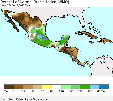 Mexico Central America and the Caribbean Percent of Normal Precipitation (WMO) Thematic Map For 11/27/2023 - 12/3/2023