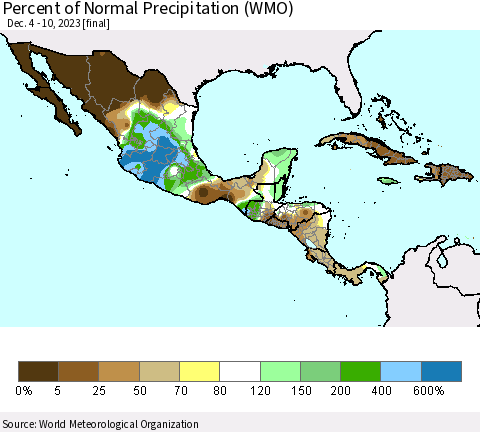 Mexico Central America and the Caribbean Percent of Normal Precipitation (WMO) Thematic Map For 12/4/2023 - 12/10/2023